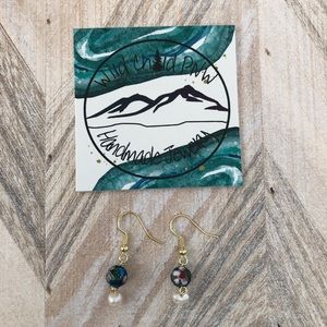 Blue Cloisonné and Freshwater Pearl Gold Earrings